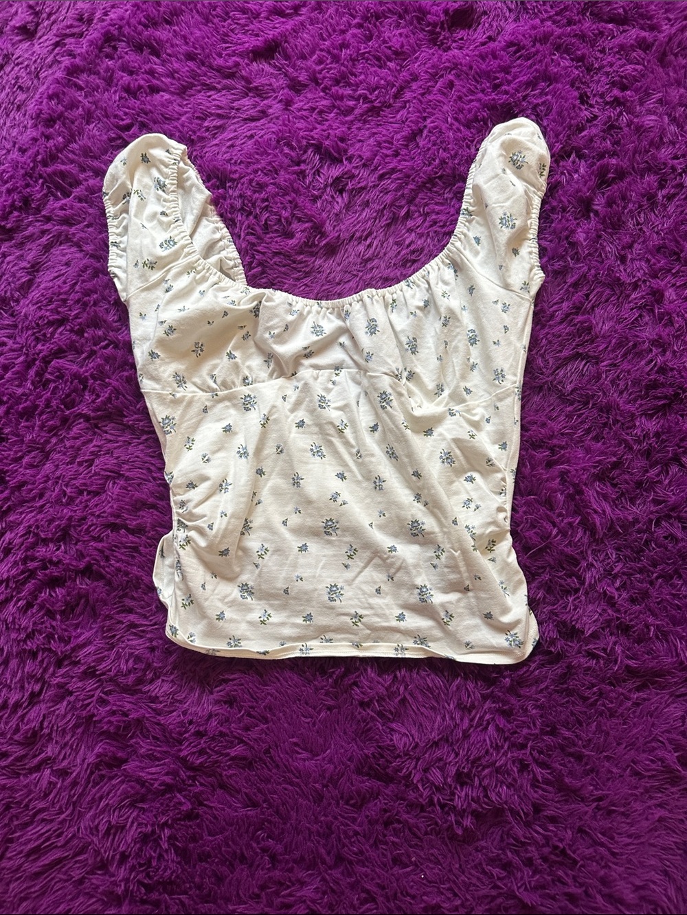 wild fable Cream Floral Square-Neck Puff Sleeve Top with Blue Blossoms